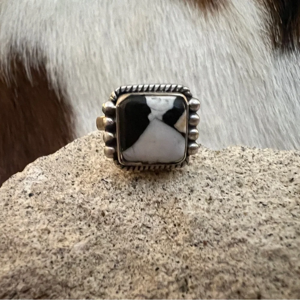 ❤️ White Buffalo Turquoise Square 925 Ring Navajo Style Matte ADJ SZ 5 to 7.5